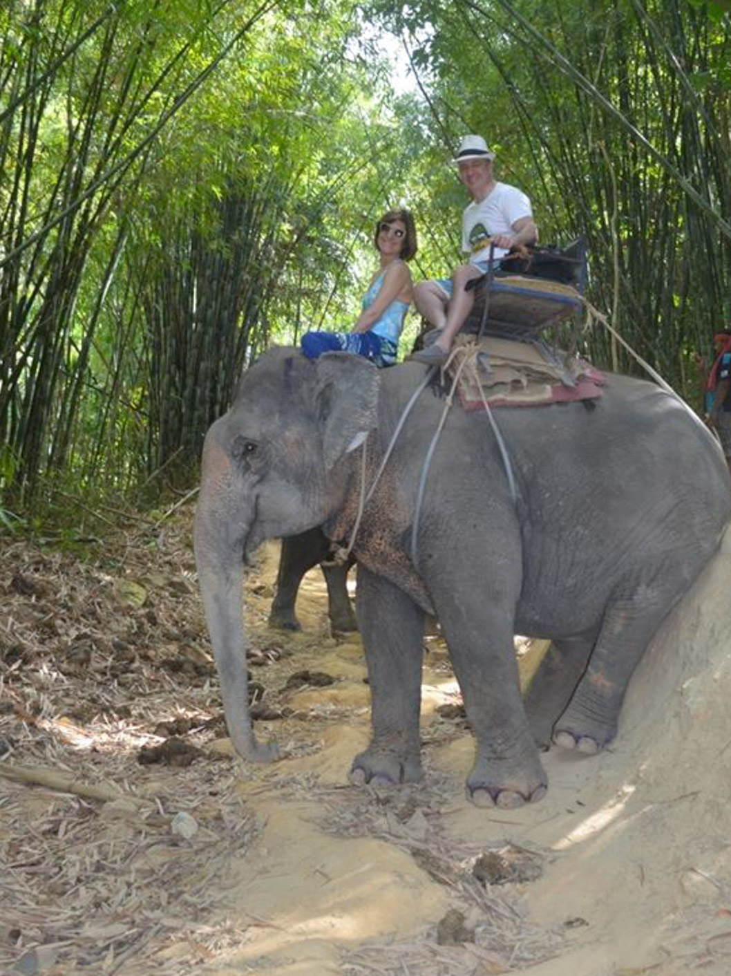 Paul Belliveau, McLean's Math Department Chair, smiling while sitting on an elephant