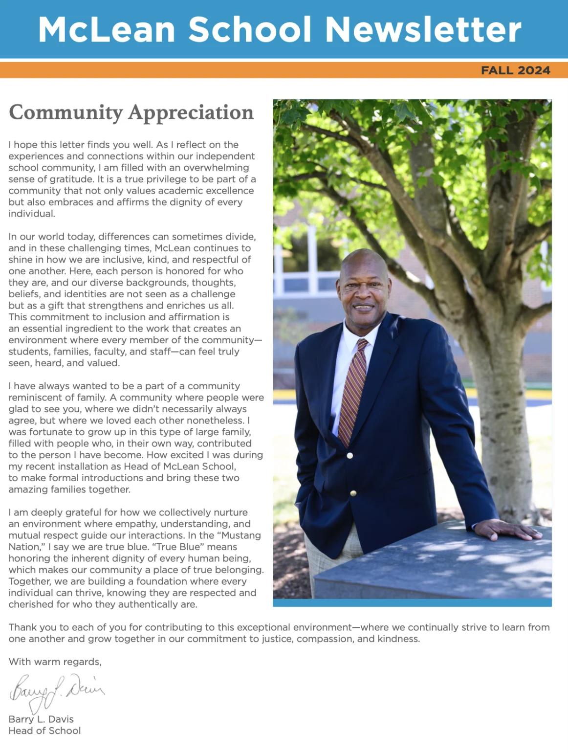 A newsletter page titled “McLean School Newsletter Fall 2024” featuring a message from the Head of School, Barry L. Davis, and a photo of him standing and smiling in an office.