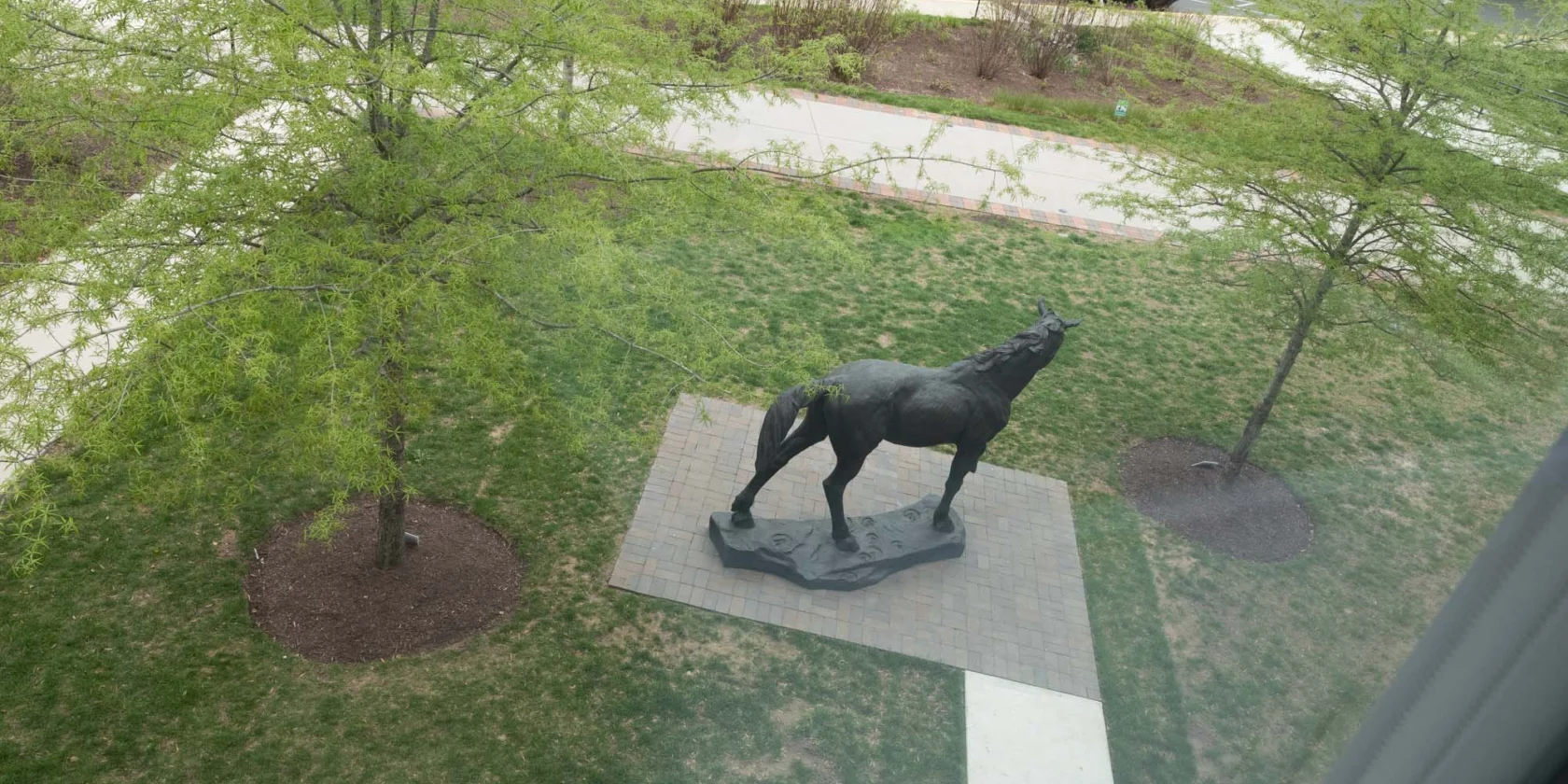 A bronze horse statue stands on a paved platform surrounded by grass and trees; a person is getting out of a white car in the background.