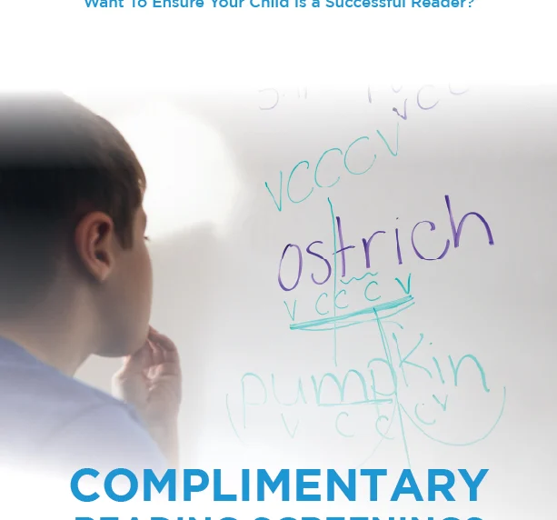 A child looks at a whiteboard with phonetic words written on it. Text promotes complimentary reading screenings for kindergarten to grade 3 at McLean School.