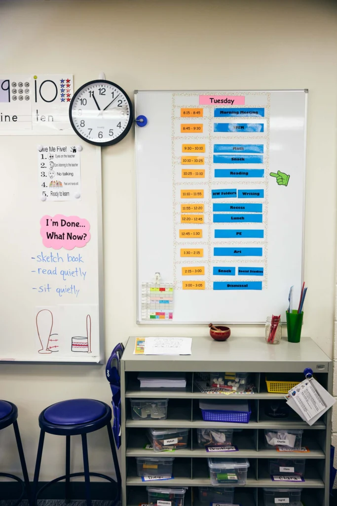 Classroom wall with a clock, a daily schedule on a whiteboard, instructions for students, and organized shelves with supplies below.