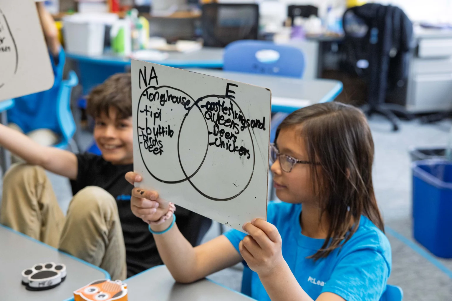 Two students sit at desks; one holds a whiteboard with a Venn diagram comparing animal groups labeled "NA" and "E." The classroom background shows blue chairs and educational materials.