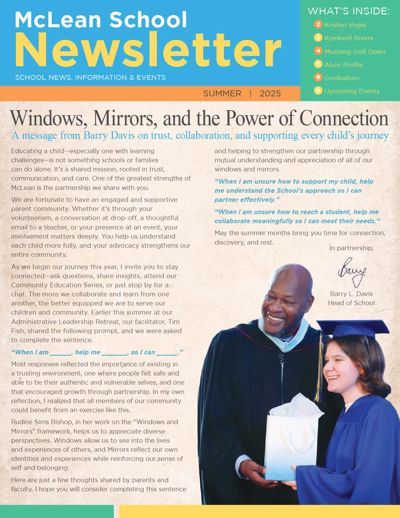 A newsletter cover titled “McLean School Newsletter” featuring an article on trust, collaboration, and support, with a photo of a smiling man and student high-fiving.