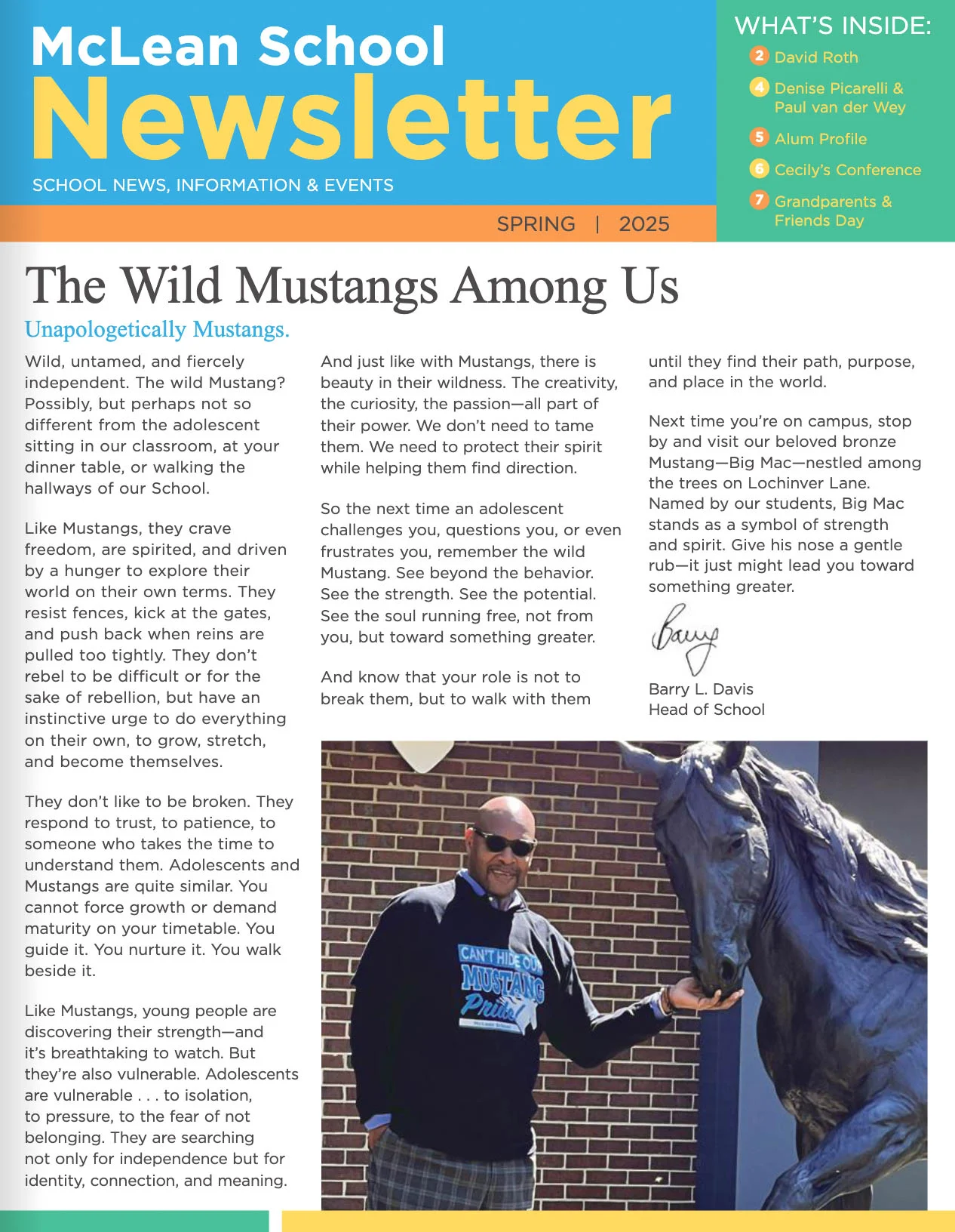 The front page of a school newsletter titled "The Wild Mustangs Among Us," featuring an article, an image of a man with a mustang statue, and a list of contents.