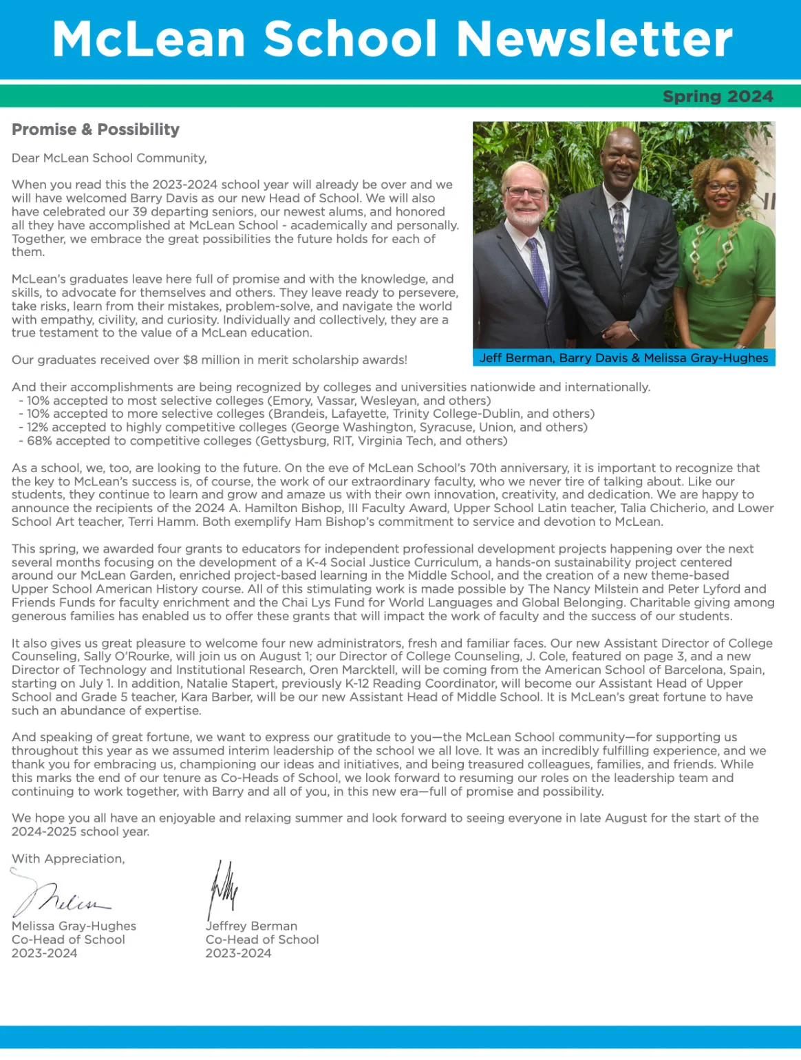 Three school administrators stand smiling together outdoors beside a building. A newsletter header, text, and sidebar with their names and titles appear above and beside the photo.