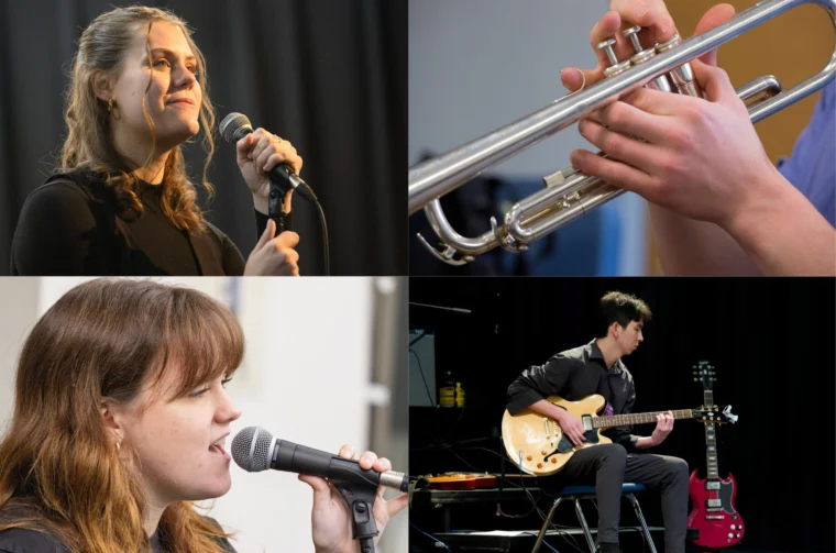 A collage of four images showing two people singing into microphones, a close-up of hands playing a trumpet, and a person playing an electric guitar on stage.
