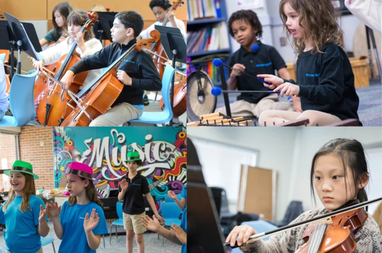 Four photos show children in a music class playing string instruments, percussion, and singing, with a colorful "Music" mural in one classroom.