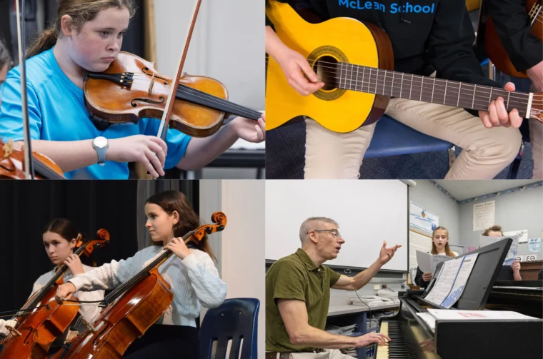 Collage of students playing violin, guitar, and cello, and a teacher conducting students singing at a piano in a music classroom.