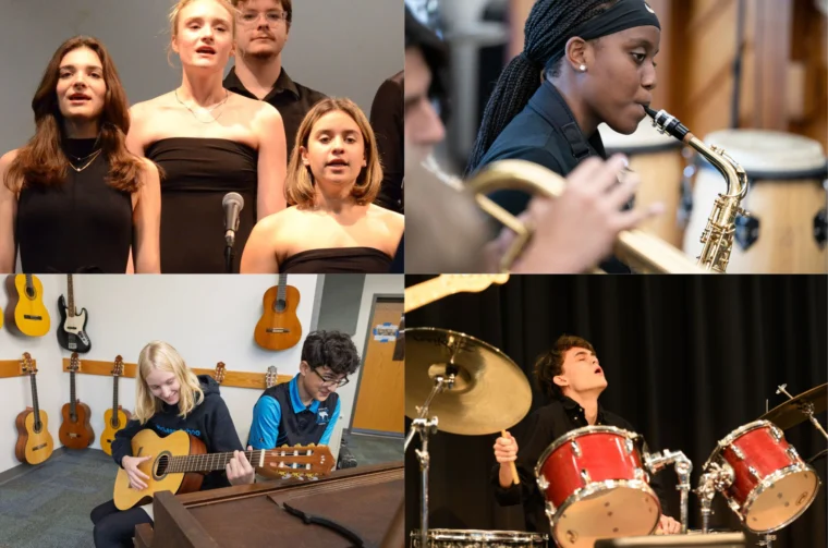 A collage of four images shows students singing, playing saxophone, learning guitar, and performing on drums in a music classroom setting.