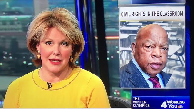 A news anchor presents a segment titled "Civil Rights in the Classroom," featuring an image of civil rights leader John Lewis. The broadcast includes NBC 4 and Winter Olympics graphics.