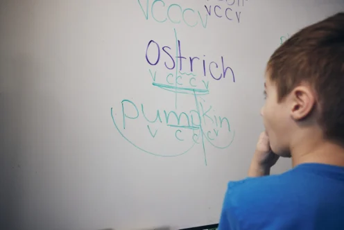 A child looks at a whiteboard with the words "ostrich" and "pumpkin" divided into syllables and labeled with consonant-vowel patterns.