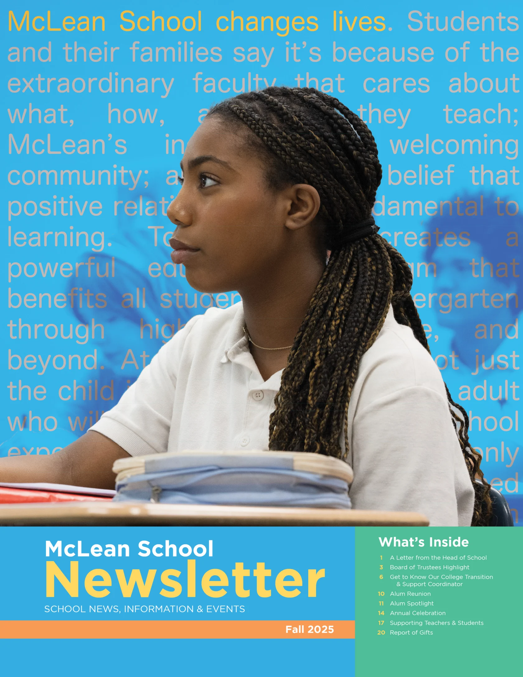A student sits at a desk with stacked papers, looking to the side, in front of a blue background with school newsletter text and a “What’s Inside” section.