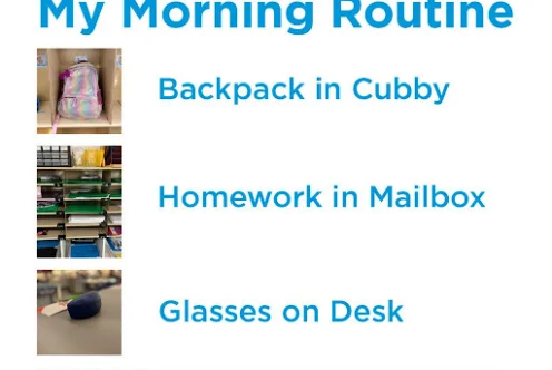 A visual schedule lists: Backpack in cubby, Homework in mailbox, Glasses on desk. Photos accompany each step. Text: Example of using pictures to support visualization of routines.