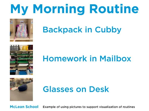 A visual schedule lists: Backpack in cubby, Homework in mailbox, Glasses on desk. Photos accompany each step. Text: Example of using pictures to support visualization of routines.
