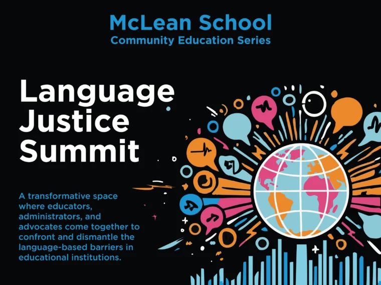 Language Justice Summit graphic with event title, description, colorful globe illustration, and the McLean School Community Education Series header.