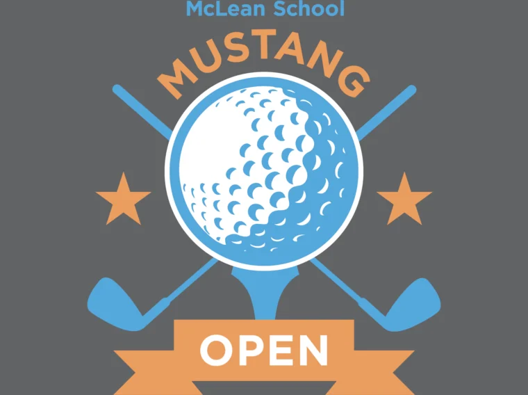 Logo for the McLean School Mustang Open featuring a golf ball, two crossed golf clubs, two stars, and an orange ribbon with the word "Open" on a gray background.