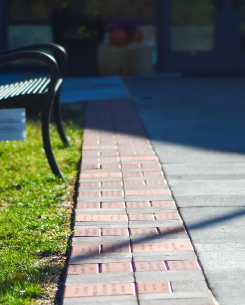 A row of engraved bricks forms a pathway beside a bench on grass, leading toward a building with glass doors in the background.