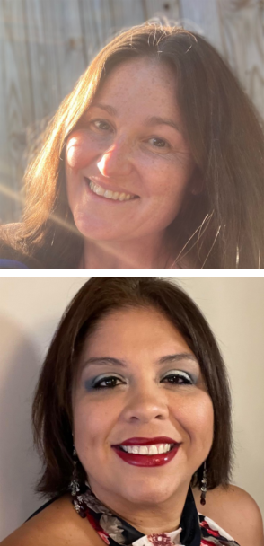 Two women are shown in separate photos; the first has long brown hair and is smiling outdoors, while the second has short dark hair, bold makeup, and is smiling indoors.