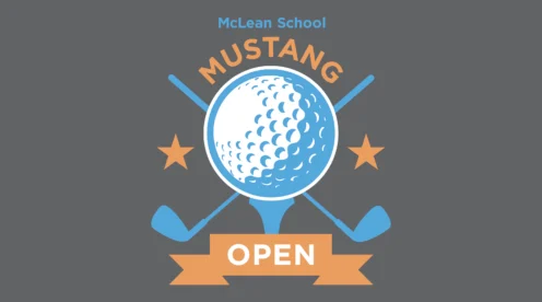 Logo for the McLean School Mustang Open, featuring a golf ball, two crossed clubs, two stars, and an orange ribbon labeled "OPEN" on a gray background.