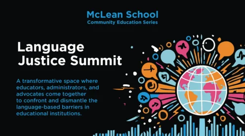 Language Justice Summit event flyer with a colorful illustration of a globe surrounded by icons and text about creating equitable language access in educational institutions.