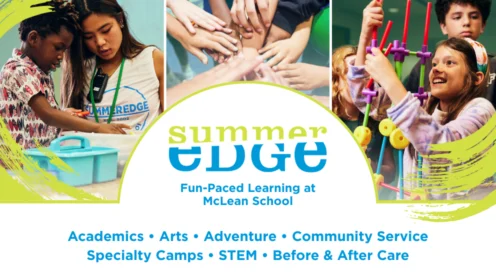 Children participate in hands-on activities at McLean School's Summer Edge program, featuring academics, arts, adventure, community service, specialty camps, STEM, and care options.