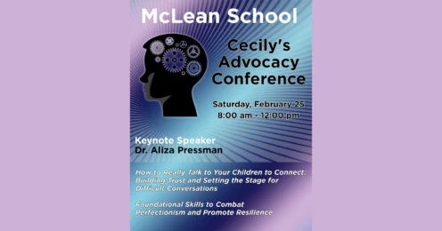 Flyer for McLean School's Cecily's Advocacy Conference on Saturday, February 25, 8:00 am–12:00 pm, featuring keynote speaker Dr. Aliza Pressman and event details.