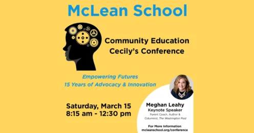 McLean School Cecily’s Conference flyer featuring a head silhouette with gears, event details, and keynote speaker Meghan Leahy’s photo.