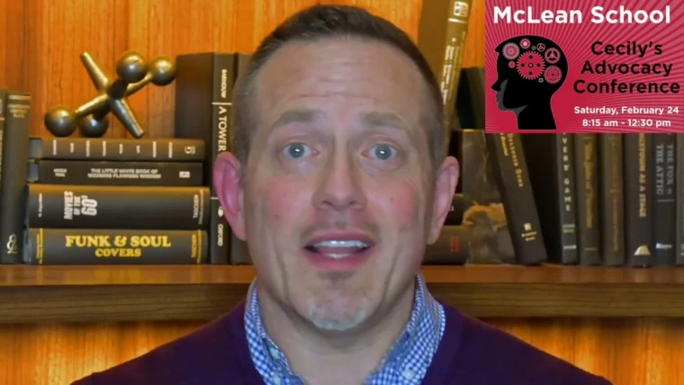 A man is speaking in front of a bookshelf, with a McLean School Cecily’s Advocacy Conference event graphic in the top right corner displaying the date and time.