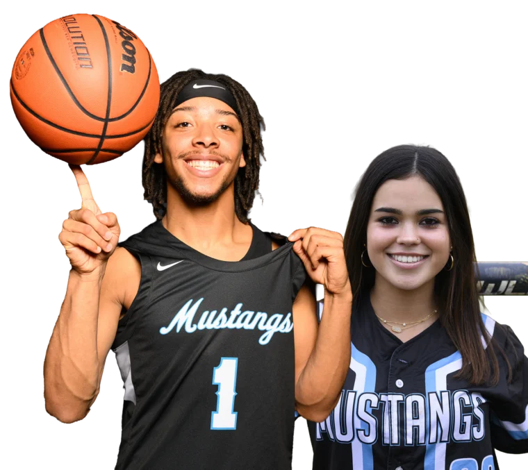 A young man in a basketball uniform spins a ball on his finger next to a young woman in a softball jersey, both wearing “Mustangs” team apparel.