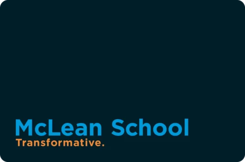Dark background with the words "McLean School" in large blue text and "Transformative." in smaller orange text in the lower left corner.